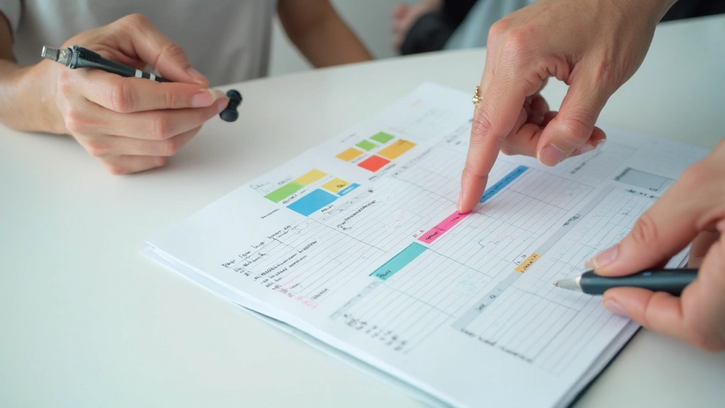 Time blocking planning kalender met gekleurde blokken op bureau