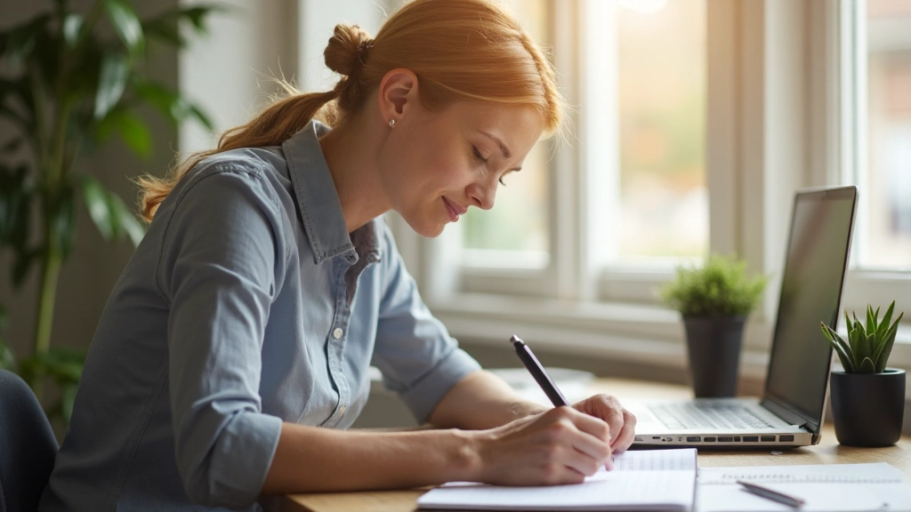 Professioneel beeld van iemand die planningsblok ochtendschema organiseert met notitieboek en pen
