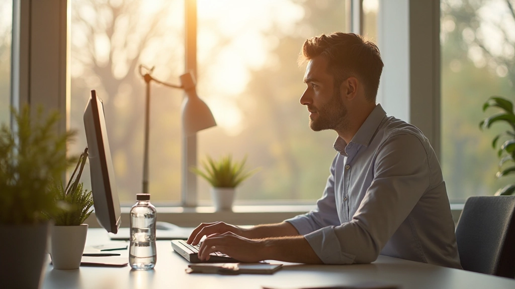 Kalm werkbureau met natuurlijk daglicht door grote ramen, minimalistische inrichting